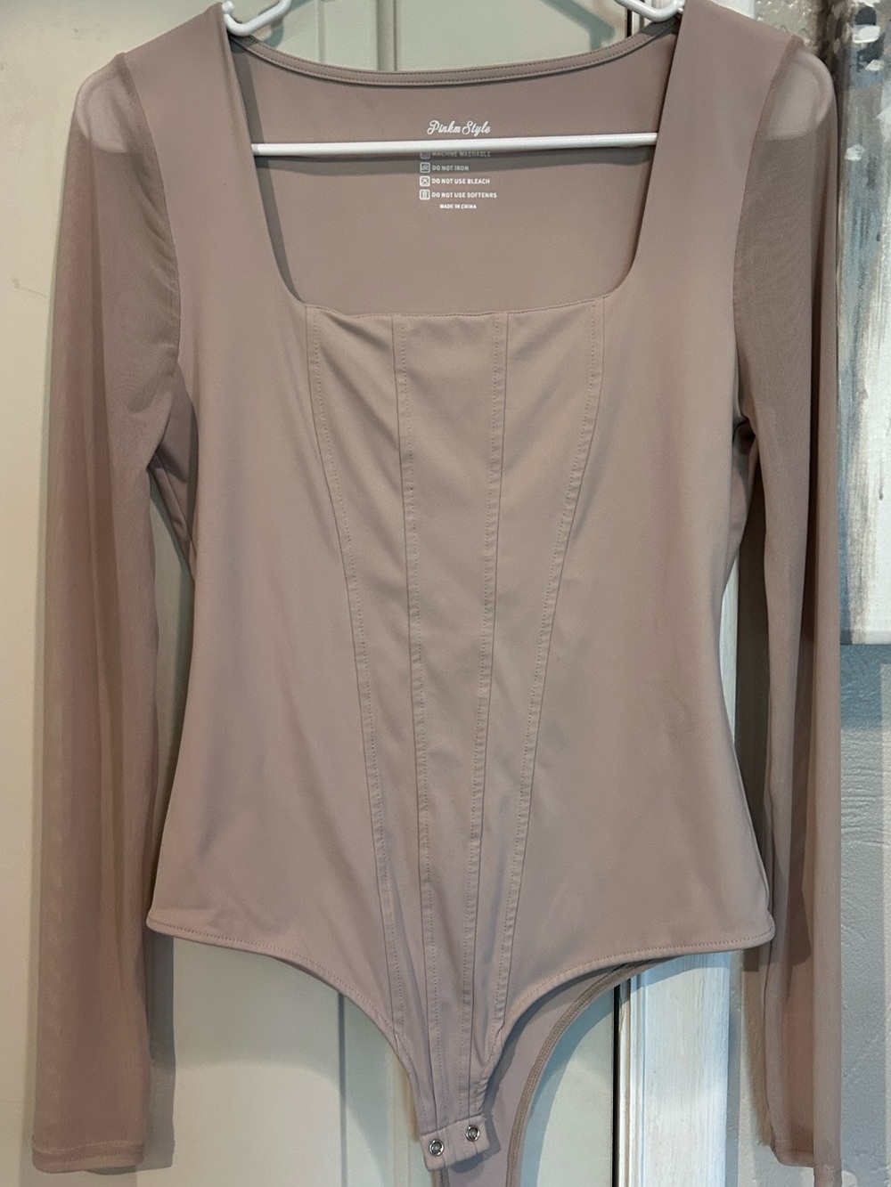 PinkM Style Nude Mesh Long Sleeve Bodysuit